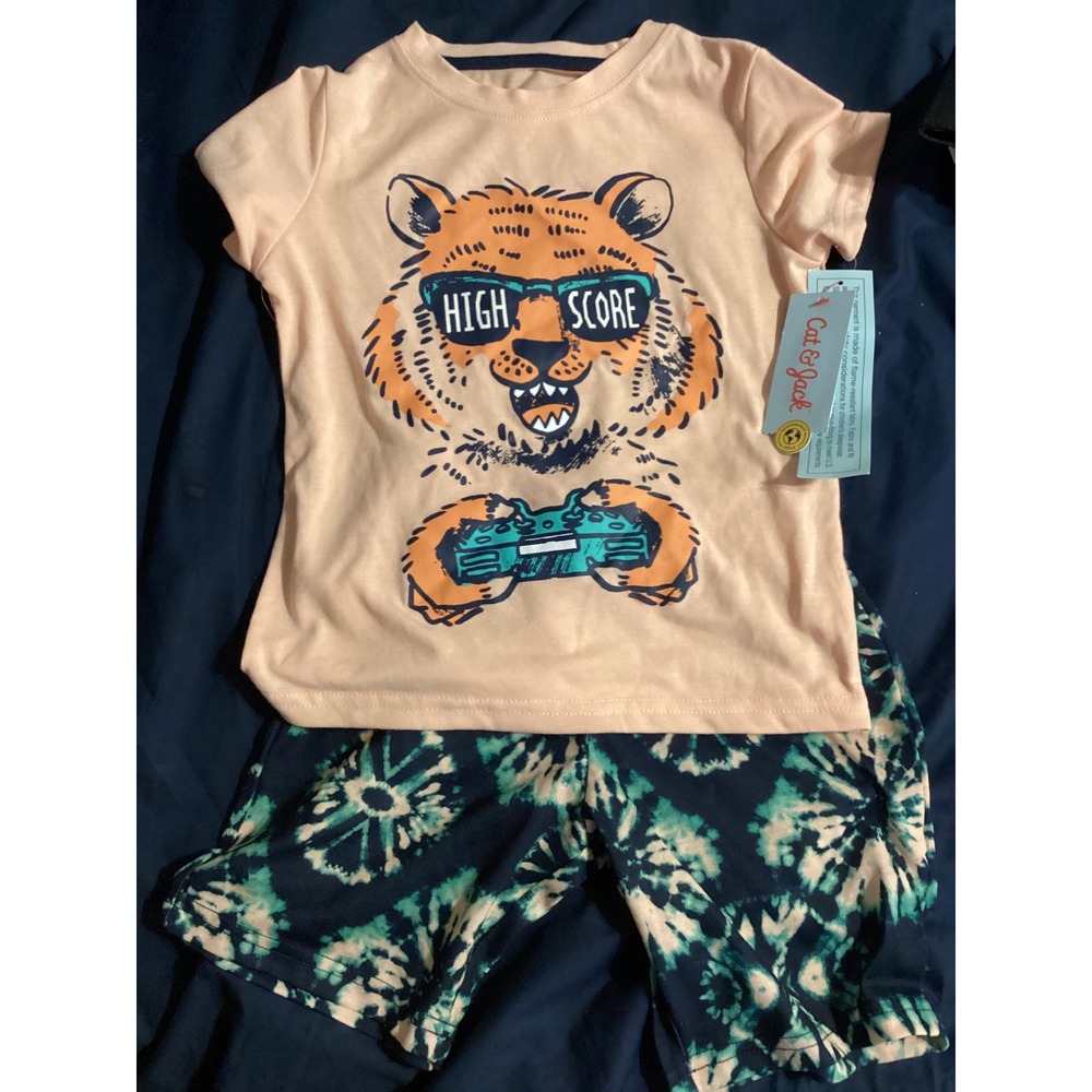 Cat & Jack Boys Tiger‎ Gamer Pajama Set Peach Teal Tie Dye XS 4/5 NWT